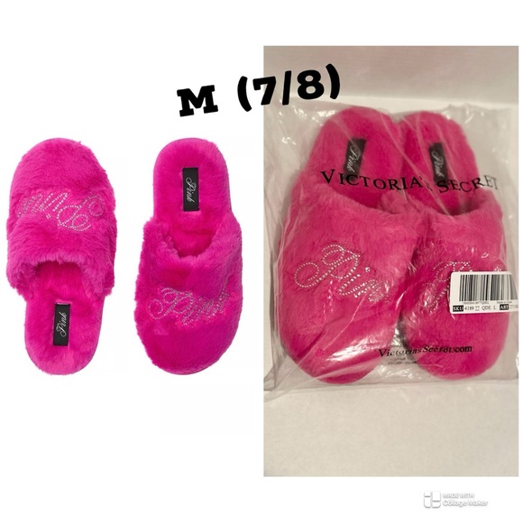 VS PINK NWT Pink Fire Bling Faux-Fur Closed-Toe Slippers - Picture 1 of 4